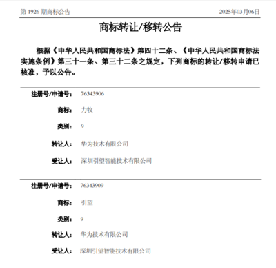 華為轉(zhuǎn)讓商標(biāo)聚焦人工智能 助力引望深化算法軟件開(kāi)發(fā)